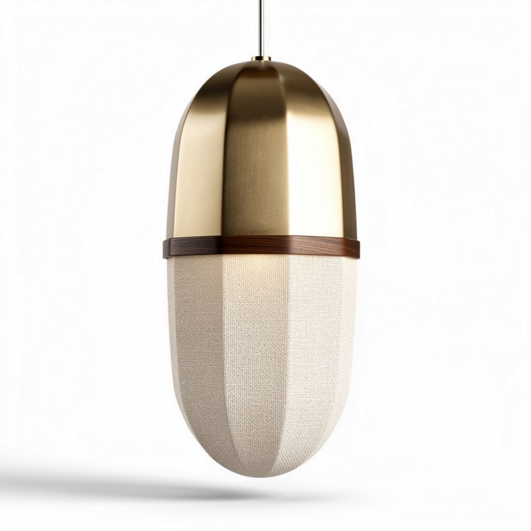 Lampadario in metallo dorato e tessuto beige con supporto in legno 30 x 15 x 15cm