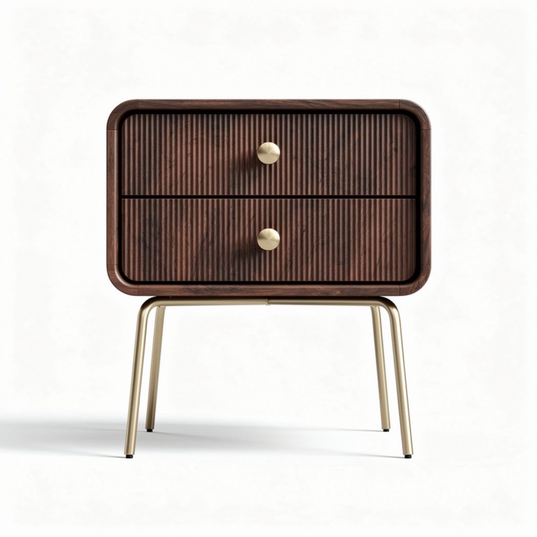 Comodino in legno scuro con due cassetti e gambe in metallo dorato 40 x 40 x 60cm